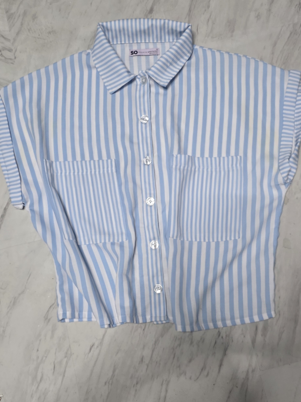 SO Light Blue & White Striped Button-Front Blouse